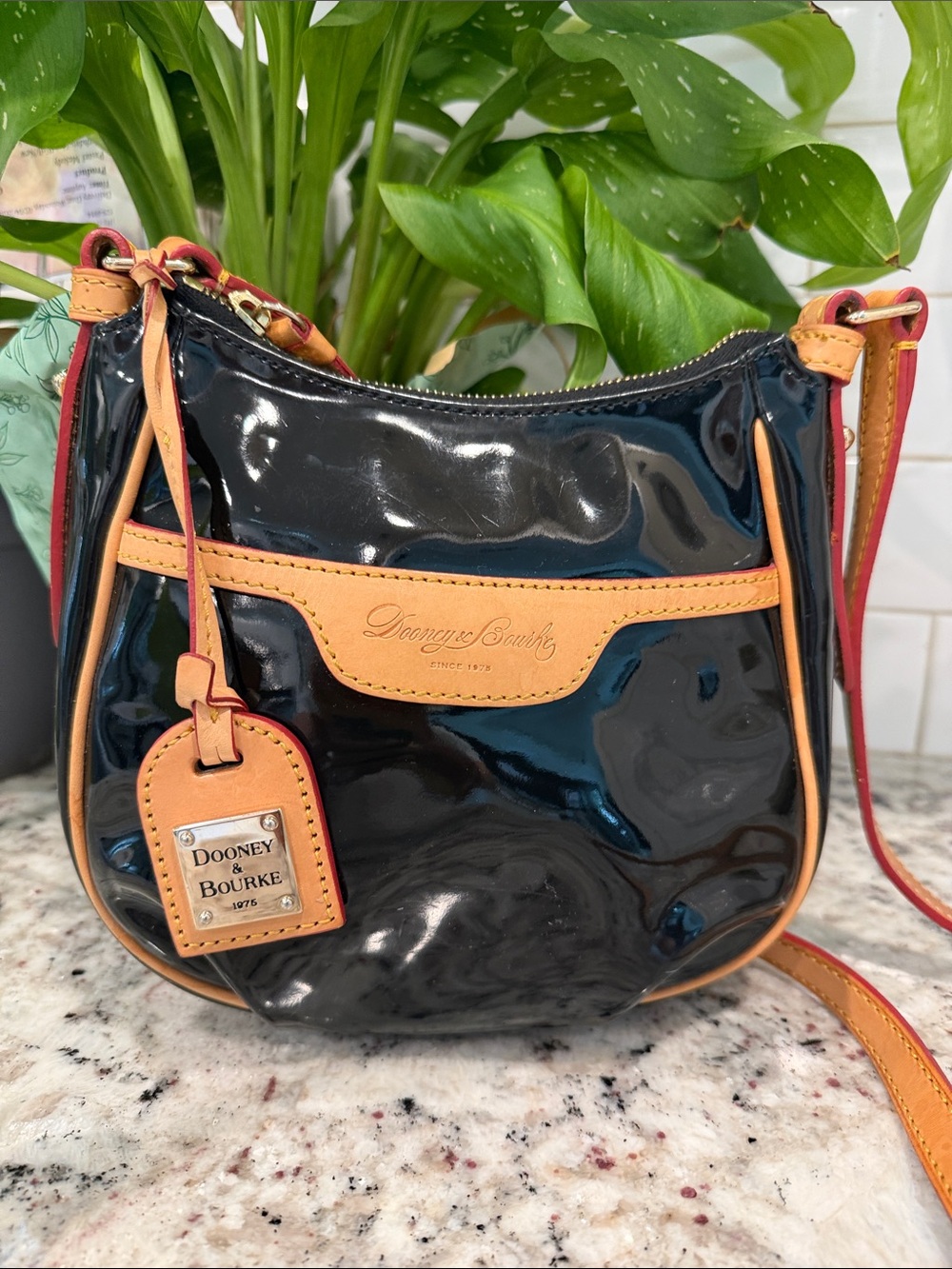 Dooney & Bourke Black Patent Crossbody with Tan Trim - Picture 3 of 15